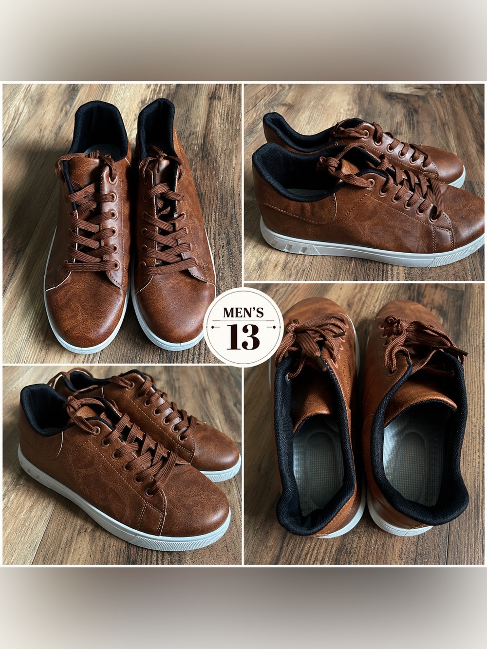 Men’s Size 13 Brown Casual Lace-Up Sneakers Faux Leather Low Top Comfort Shoes